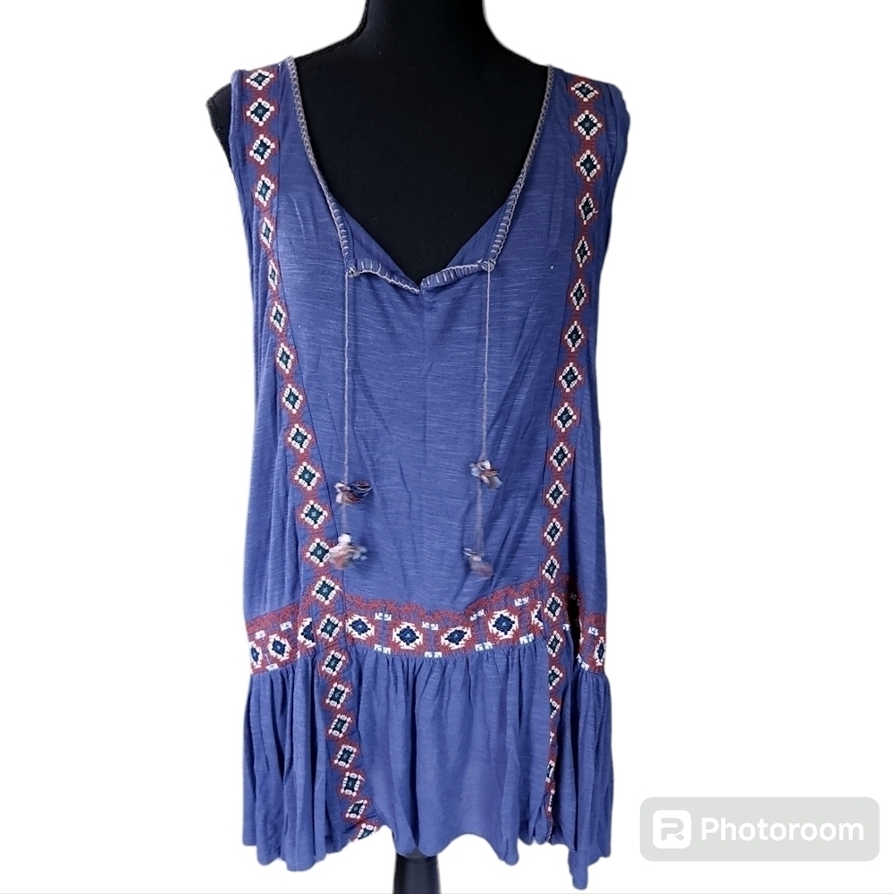 Free People Moonlight Mile Blue Aztec Embroidered Tassel Tunic Top sz L - Picture 2 of 7